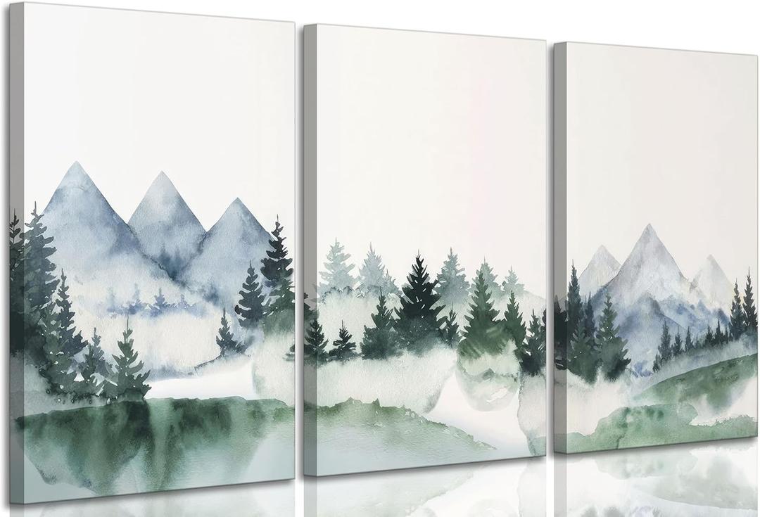 3 Pcs Modern Mountains Canvas Wall Art Green Watercolor Misty Pine Forest Nature Minimalism Abstract Landscape Painting Picture Wall Decor Poster Print Artwork for Living Room Bedroom Office (16L''x12W'')