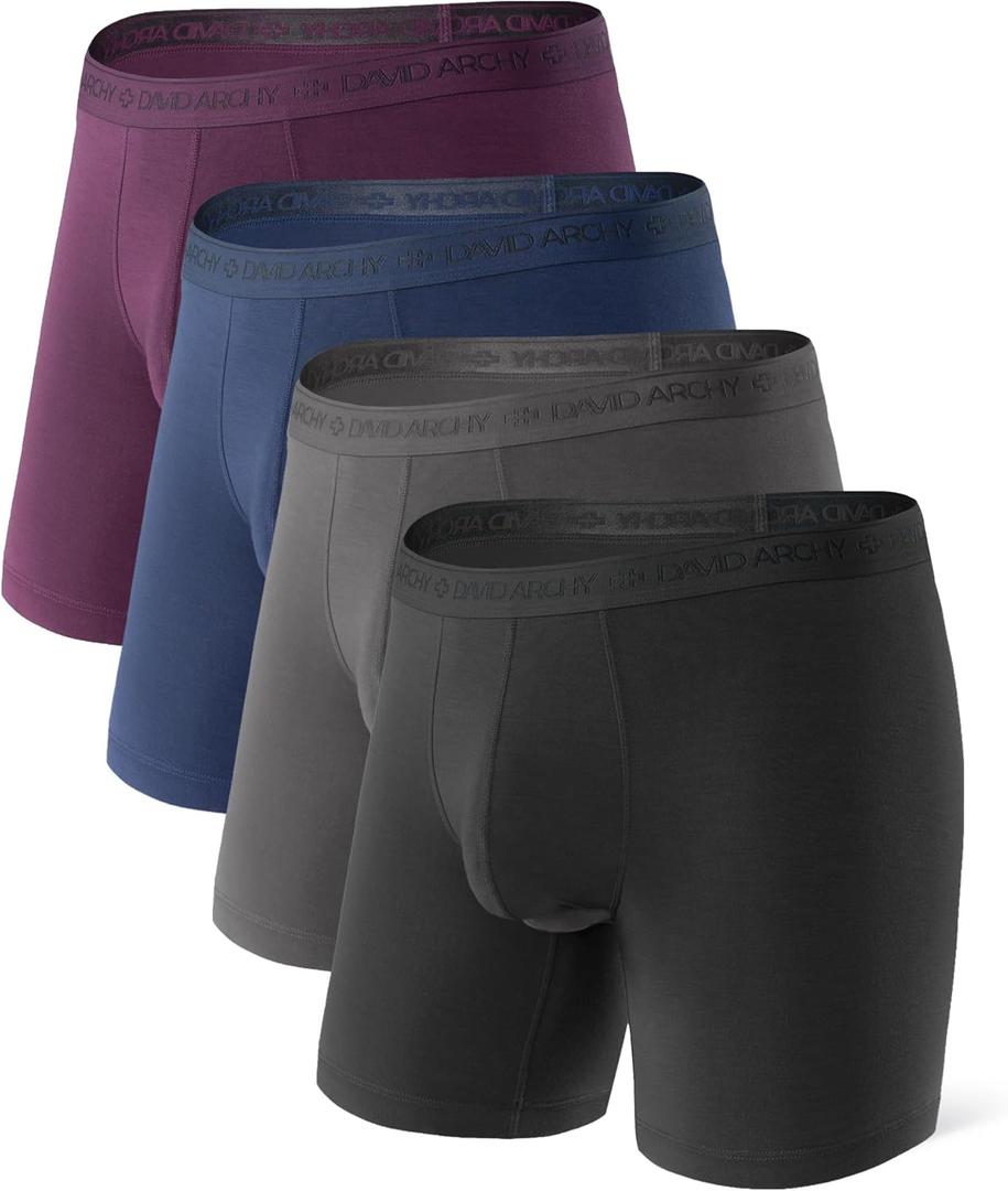 DAVID ARCHY Men's Underwear Ultra Soft Modal Dual Pouch Trunks Ball Pouch Bulge Enhancing Boxer Briefs for Men 3 or 4 Pack (B2, Black/Charcoal/Navy/Merlot - 6.5" in 4 Pack)