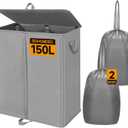 150L Double Laundry Hamper with Lid and Removable Bags,28in Tall Laundry Basket 2 Section,Large Dirty Clothes Hamper 2 Dividers for Bedroom,Laundry Room,Bathroom,Dorm Grey