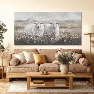 YETHEN WAL Extra Wide Panoramic Country Meadow Canvas Wall Art, Printed Sheep Landscape Artwork, Neutral Rustic Wall Decor for Great Room Living Room, Over Sectional, 29x58 Inch