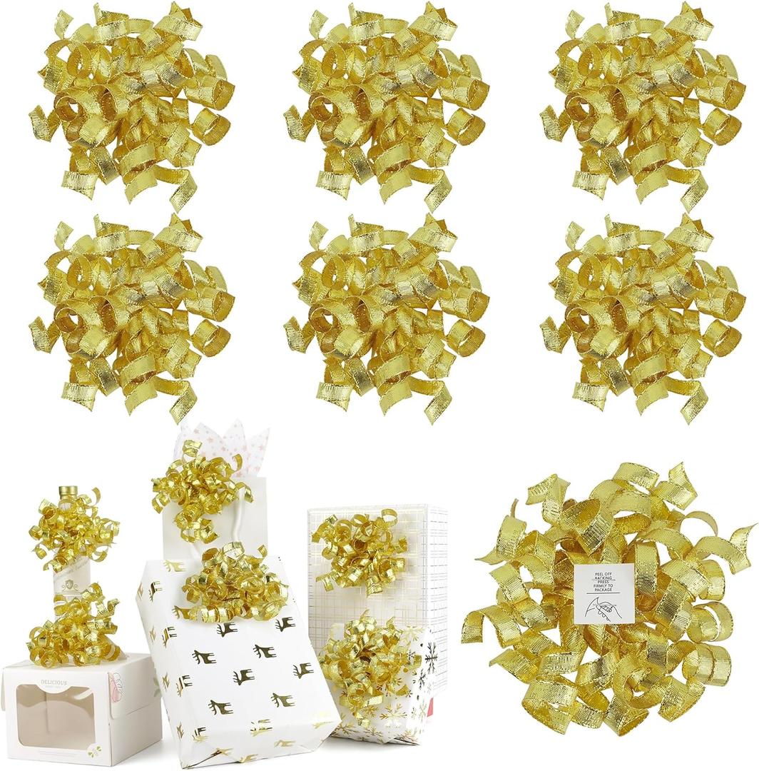 AIMUDI Gold Curly Bows for Gift Wrapping 5'' Metallic Christmas Burst Bows Self Adhesive Gift Bows for Presents, Treat Bags, Wine Bottles Party Holiday Christmas Decorations - 6 Counts