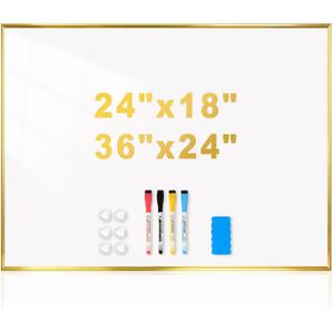 Magnetic Whiteboard, 24"x18" Gold Aluminum Frame Dry Erase White Board for Wall, Hanging Wipe Board with 6 Magnets, 4 Markers & 1 Eraser for Home, Office, School