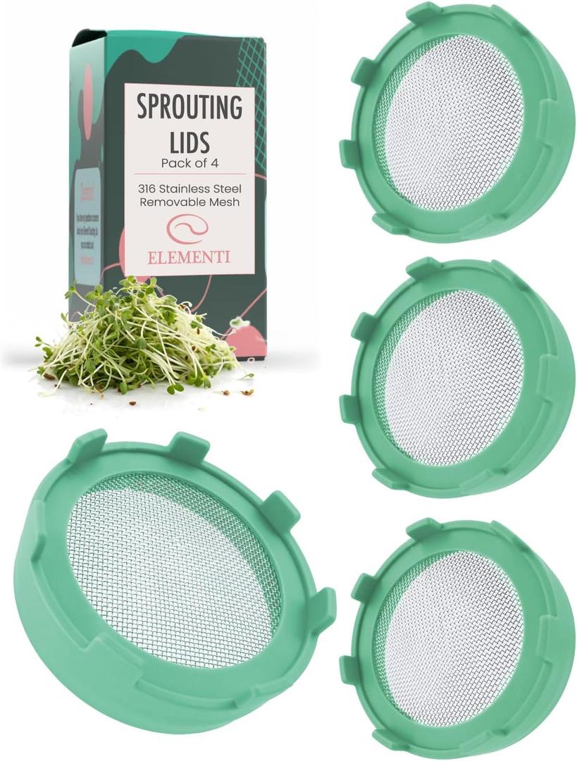 Elementi Sprouting Lids for Wide Mouth Mason Jars (Set of 4), Sprouting Jar Kit for Organic Sprouts, Alfalfa & Mung Bean Sprouts Grow Kit, 316 Stainless Steel Mesh Screen Strainer Lid (Mint Green)