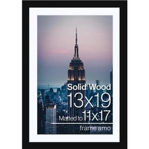 Frame Amo 13x19 Black Solid Wood Picture Frame, White Mat with 10.5x16.5 opening for 11x17 Image, 1 Inch Border, Acrylic Front