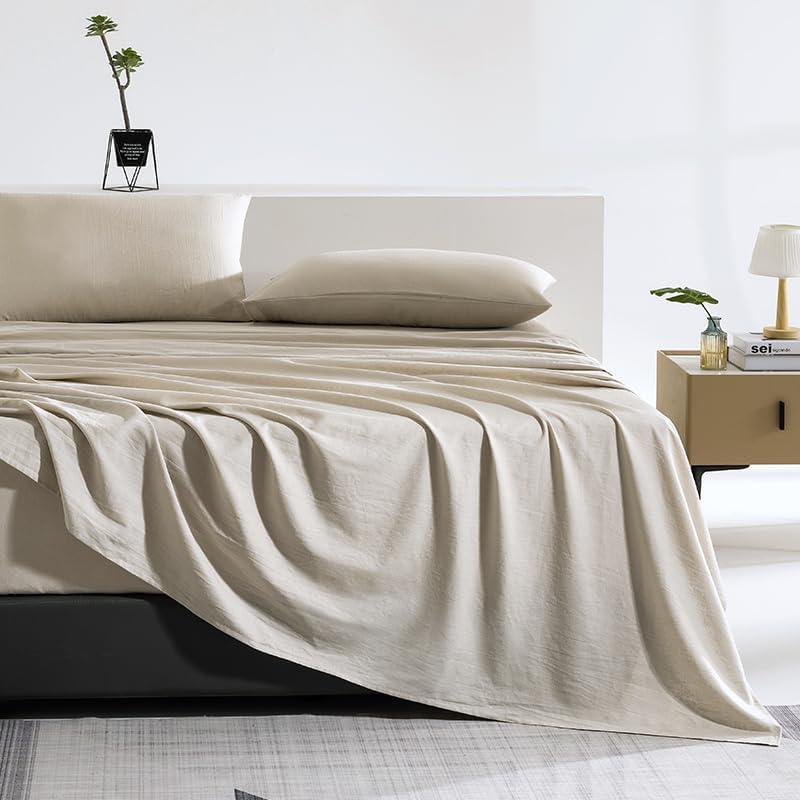 TUMEI Premium Linen French Flax Flat Sheet Only - 35% Euro Linen 65% Cotton Flax Linen Sheet, Stone Washed, Ultra Soft & Breathable, Queen Size90x102Linen, 1-Piece Farmhouse Top Sheet