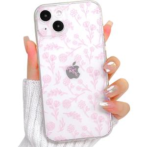 Lovmooful Compatible for iPhone 13 Case Cute Clear Oil Flower Floral Leaf Design for Girls Women Soft TPU Shockproof Protective Girly for iPhone 13-Small Pink Floral