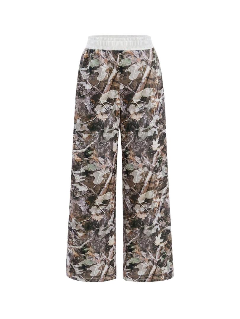 SOLY HUX Girl's Y2k Camo Sweatpants Elastic Waist Wide Leg Baggy Pants with Pockets Streetwear Army Green Maple Leaf 11Y