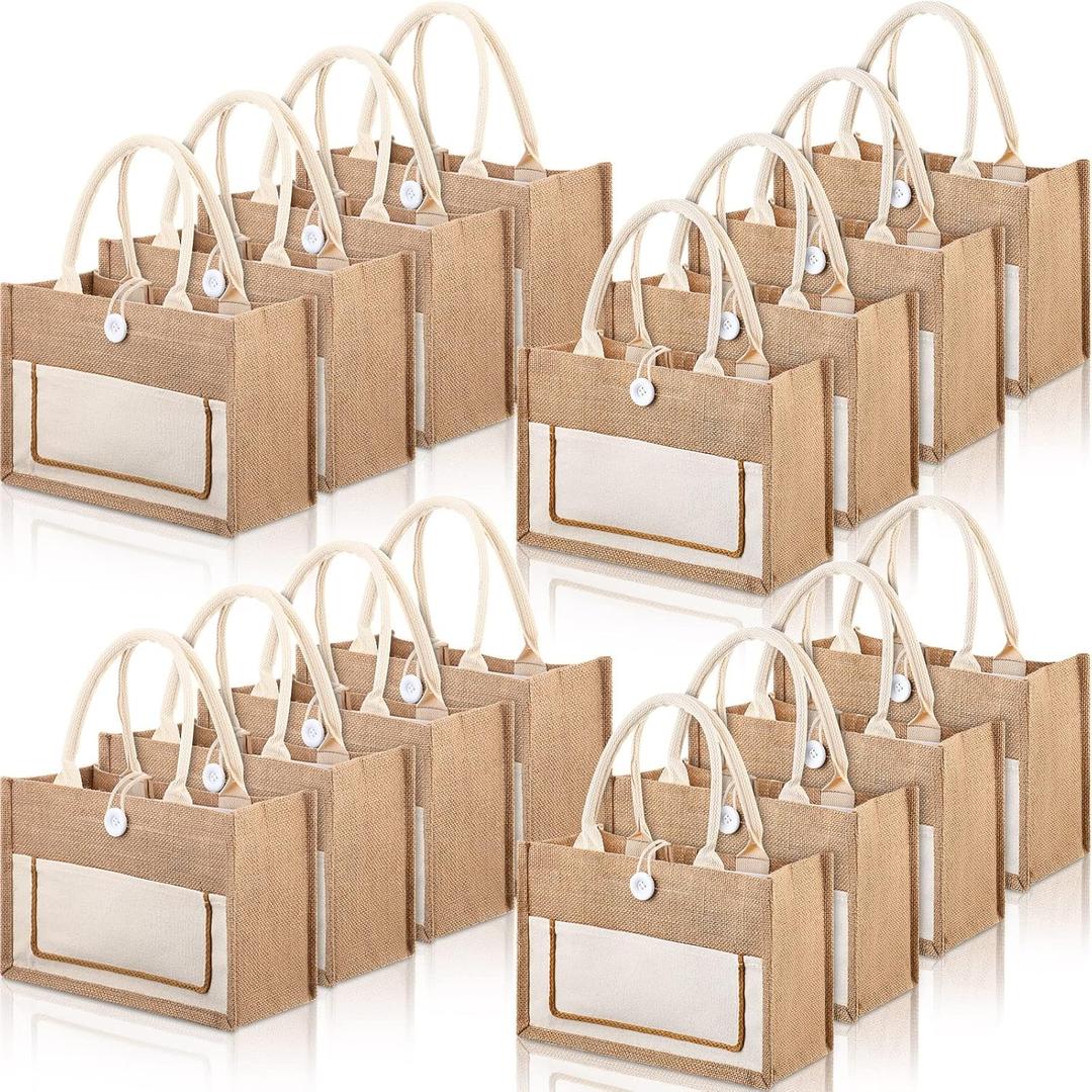 Reginary 16 Pcs Jute Burlap Totes Jute Tote Bags Reusable Burlap Beach Bags with Handle for Wedding Gifts, 11.8 x 7.87 x 5.5(Beige,Classic)
