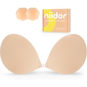 Niidor Adhesive Bra Strapless Ultra Sticky Invisible Push up Silicone Bra Multiple Colors Sizes Reusable for Backless Dress (Nude)