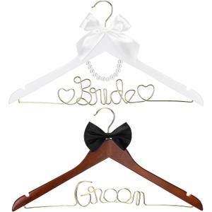 2 Pcs Bride Hanger Bride and Groom Wooden Wedding Dress Hanger Set with Bow Tie for Tuxedo Suit Wedding Gift Bridal Party Shower