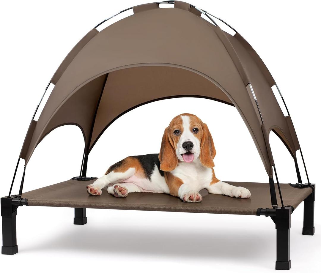 Heeyoo Elevated Dog Bed with Canopy, Outdoor Dog Bed Cot with Removable Shade Tent, Portable Raised Pet Cot Cooling Bed for Dogs and Cats, Brown (42"L x 30"W x 8.4"H)