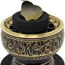 New Age Imports, Inc. India Small Decorated Brass Charcoal Screen Incense Burner with Wooden Coaster