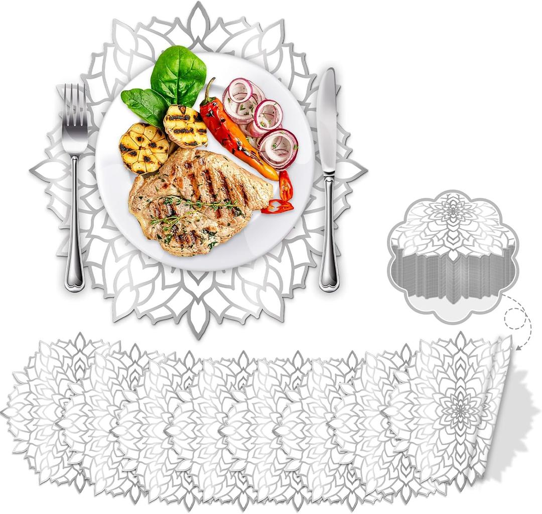 100PCS Disposable Silver Metallic Round Paper PlaceMats Round Floral Charger Table Mat Table Setting Mat Pressed Paper Round Place Mats for Christmas Wedding Birthday Party Dining Table Decor Supplies