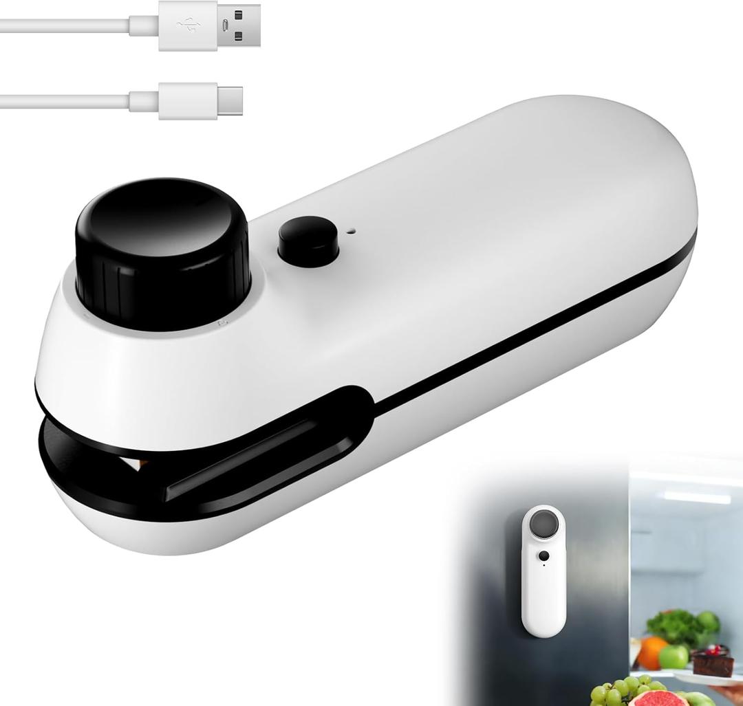 Mini Bag Sealer, Handheld Heat Vacuum Sealer, Upgraded 2 IN 1 Heat Sealer & Cutter USB Rechargeable, Portable Resealer Machine Kitchen Gadget for Plastic Bag Chip Bag Food Snack Storage (White)