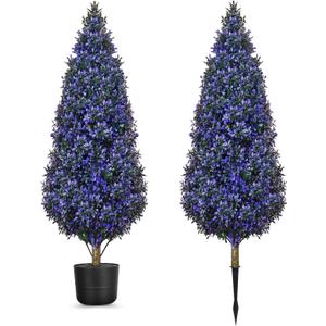 Outdoor Artificial Lavender Topiaries Trees with Planters, 3 FT Tall Set 2 Fake Plants Boxwood with Spikes, UV Resistant Faux Evergreen for Indoor Home Porch Office Spring Decor