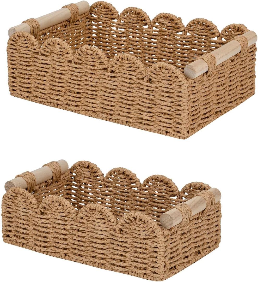 CubesLand Paper Rope Scalloped Edge Decor Baskets for Home, Living Room, Bedroom, Toilet Basket for Over Toilet Storage Shelf, End Table, Shelves and More, Both Storage&Decor, Set 2 Neutral