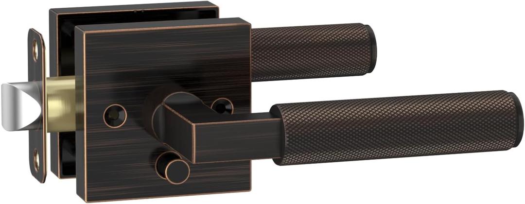 Amerdeco Pack of 3 Privacy Door Handles, Oil Rubbed Bronze Interior, Knurled Lever, Heavy Duty for Bedroom and Bathroom, Reversible Keyless for Right & Left Side AM0021