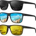 KALIYADI Polarized Sunglasses for Men, Lightweight Sun Glasses with UV Protection for Driving Fishing Golf ((3 Pack) Night Vision/Black/Ice Blue)