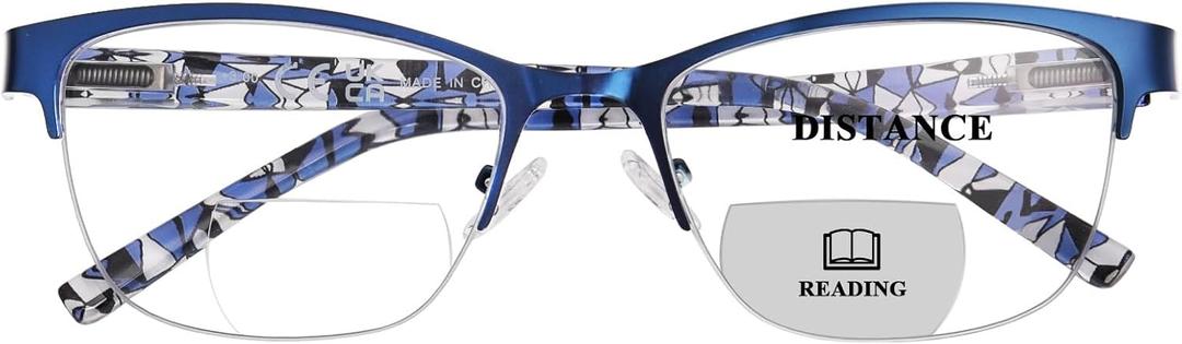 FONHCOO Bifocal Reading Glasses for Women, Metal Spring Hinge Blue Light Blocking Half Frame readers
