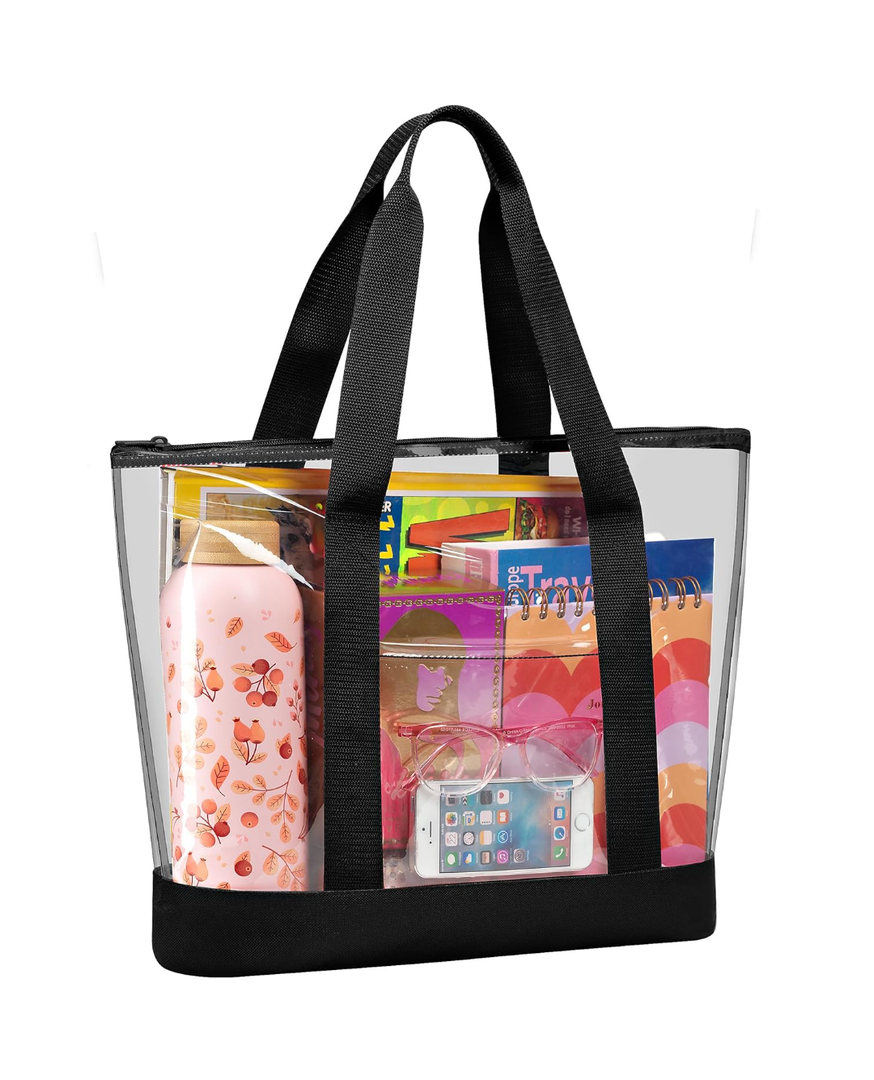 Handy Laundry Clear Tote Bag - Zipper Closure, Long Shoulder Strap, Fabric Trimming