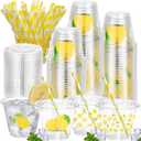 Mumufy 100 Pack Lemon Stand Cups 9oz Disposable Plastic Cups with Lids and Straws Cup Lemon Stand Supplies Yellow Lemons Cold Beverage Drinking Cup for Iced Smoothie Juice Tea