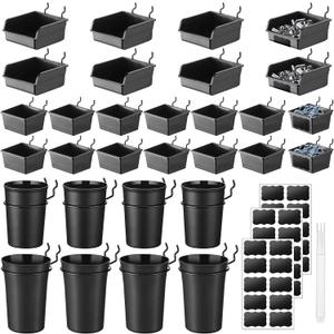 Sieral 64 Pieces Pegboard Bins Pegboard Cups with Hooks and Loops Peg Hooks Assortment Organizer Accessory for Organizing Accessories Tools Storage Office Workshop Garage Workbench (Black)
