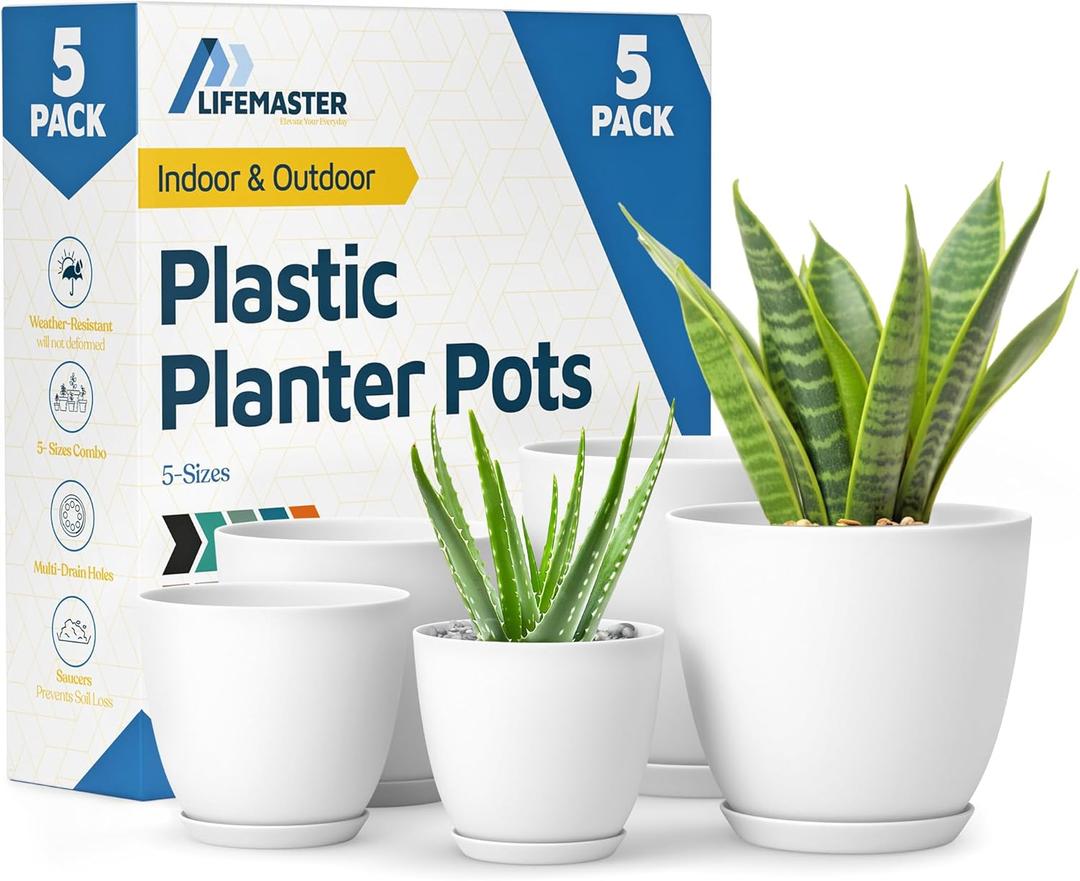 Eco Friendly Plant Pot Set -5-Pack Home Decor Flower Indoor and Outdoor Plastic Pots with Drainage Holes, Assorted Sizes (7", 6.6", 6", 5.3", 4.8") - Stackable Garden Versatile Planters (White)