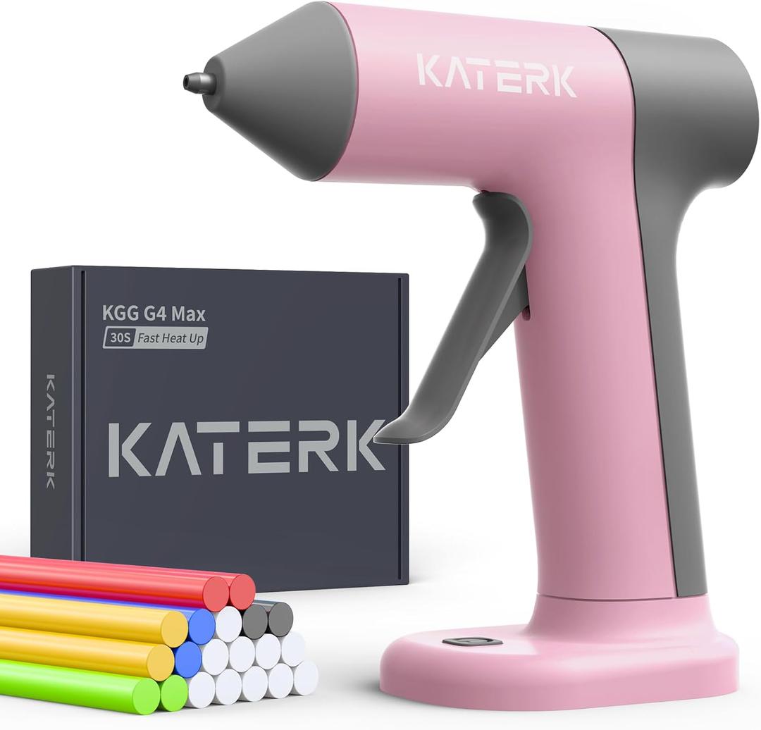 Katerk Cordless Hot Glue Gun, 30s Fast Heating & 20PCS Premium Mini Glue Sticks, 2500mAh Type-C Rechargeable, Compact & Portable, Auto Shut-Off, Perfect for DIY, School Crafts & Repairs (Pink)