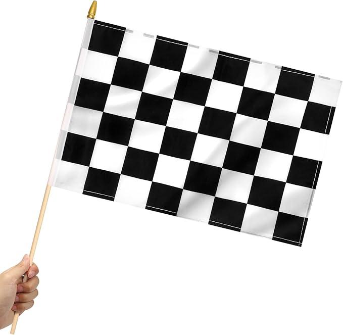  Checkered Small Stick Flag 12x18 Inch Black and White Racing Hand Held Race Car Flags Decorations