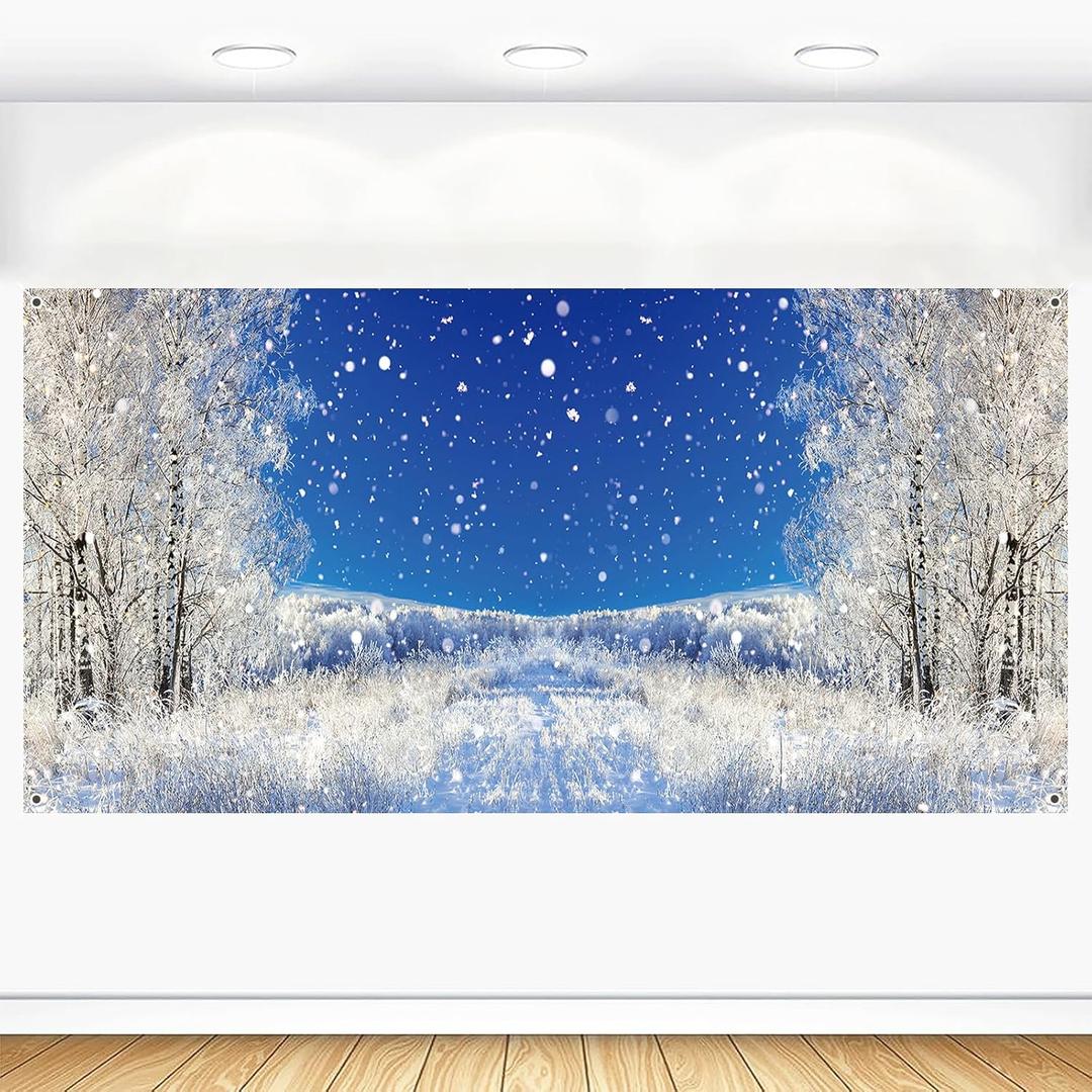 Winter Forest Backdrop 20x10ft Christmas Snowy Tree Wonderland Snowflake Landscape Scene Photography Background Large Xmas Family Holiday Party Decorations Banner Photo Booth Props Fabric