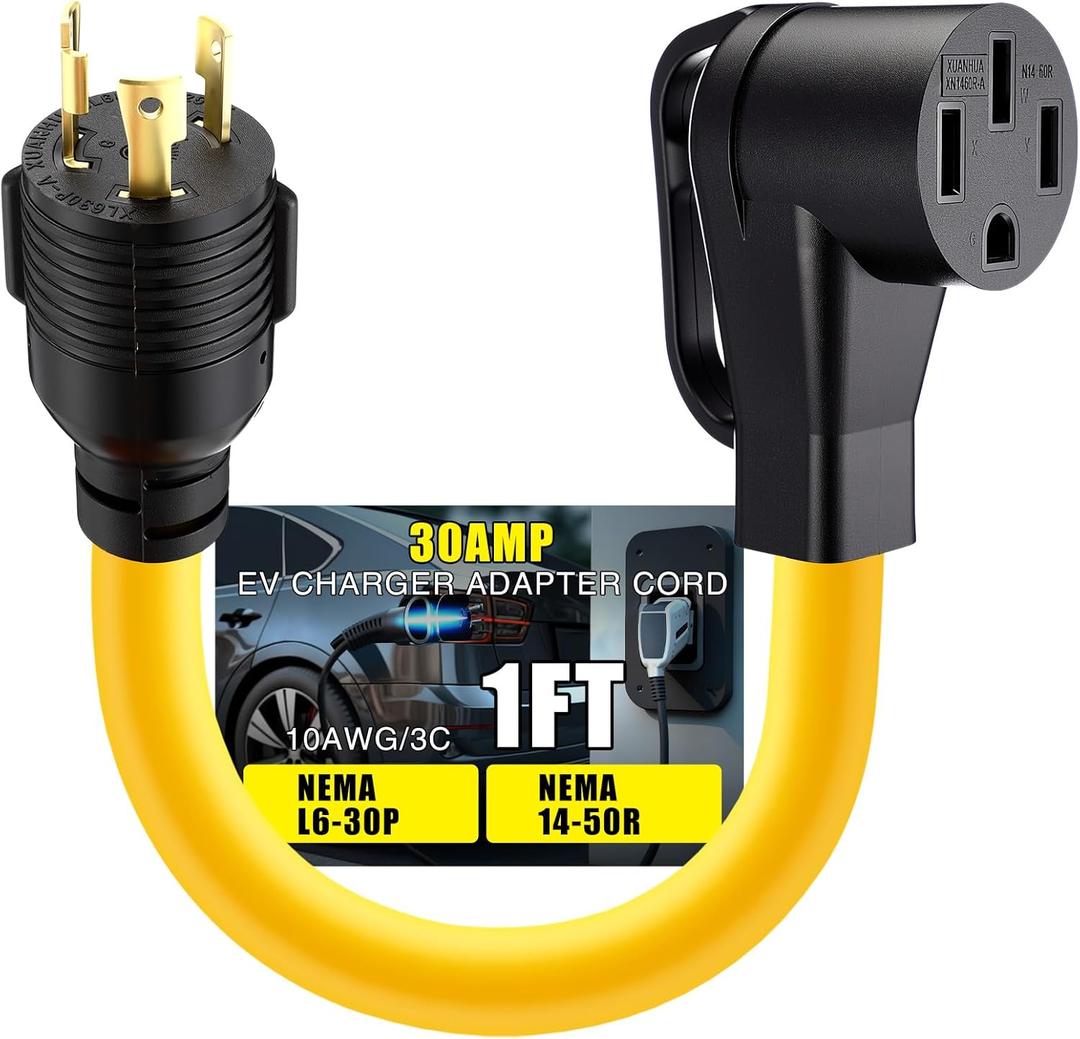 1FT NEMA L6-30P to 14-50R EV Adapter Cord 3 Prong 30 Amp L6-30 Locking Male Plug to 4 Prong 50 Amp 14-50 Female Receptacle Charger Adapter Cord with Handle, STW 10 AWG/3C, ETL Listed