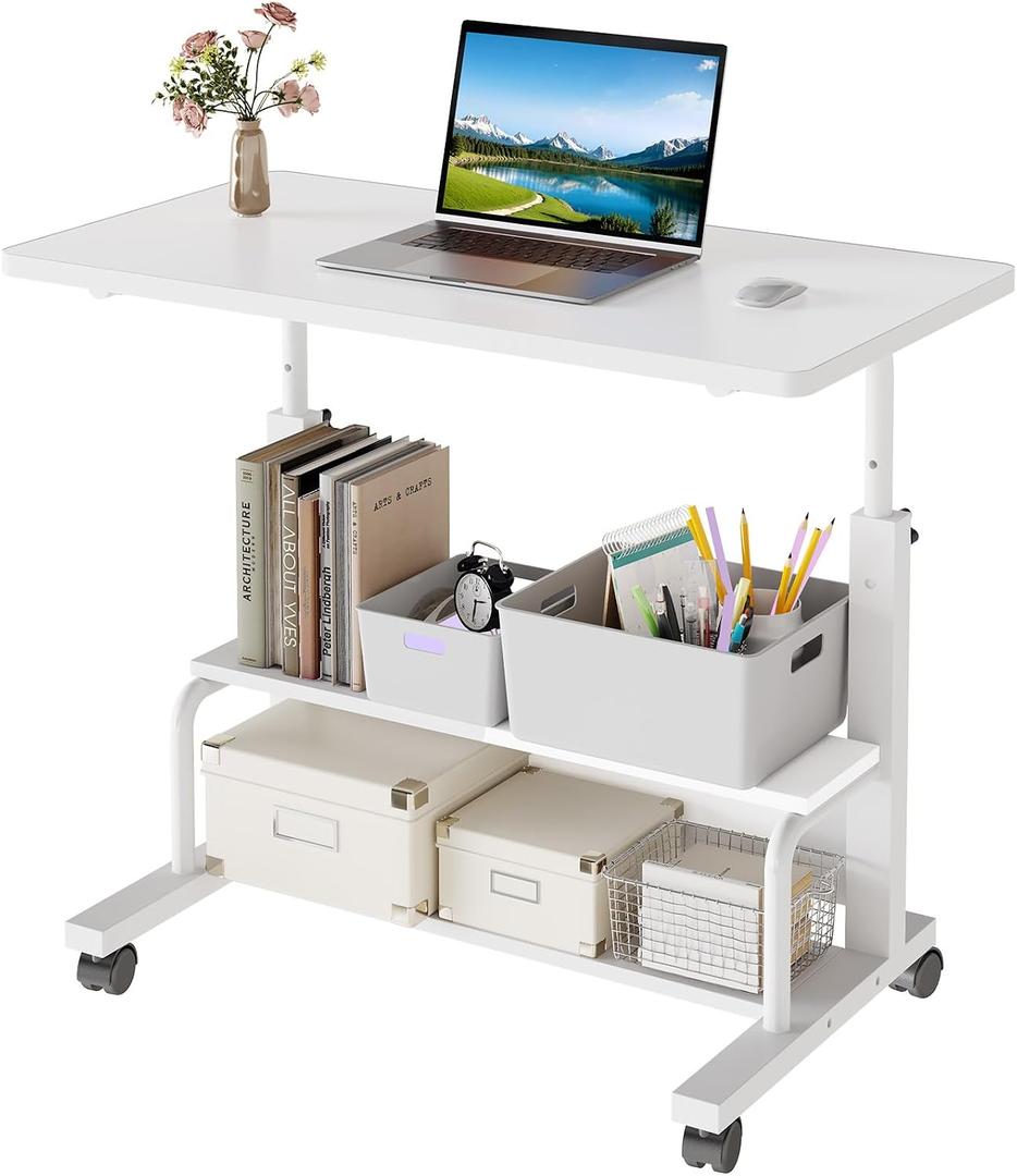 OLIXIS Rolling Desk, Storage Shelves, Laptop Table, Home Office | Height Adjustable Design, Computer Desks on Wheels, Portable for Small Spaces Use, White