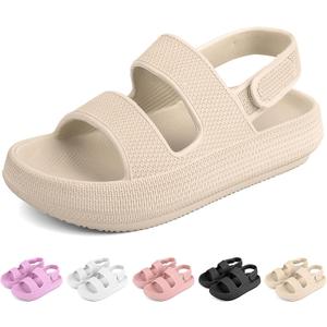 Kids Cloud Sandals Boys Girls Slip on Flat Slides Sandals EVA Summer Quick Drying Pillow Slipper With Hook Loop Back Strap (5 Big Kid, Beige)