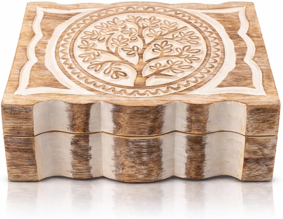 Great Birthday Gift Handmade Decorative Wooden Jewelry Box Tree Of Life Carving Jewelry Organizer Keepsake Box Treasure Chest Trinket Holder Watch Box Storage Lock Box 9 x 6 Inch Housewarming Gift