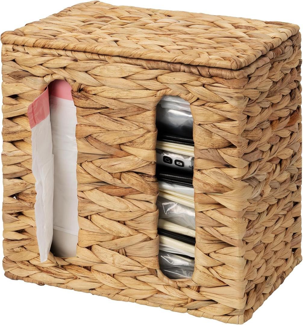 StorageWorks Garbage Bag Dispenser with Lid, Wall Mount Water Hyacinth Plastic Bag Holder for Kitchen, Cabinet, Countertop, 2 Slots