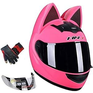 Cat Ear Motorcycle Helmet, Men and Women Cool Cute Cat Full Face Helmet, DOT Certification Standard, Suitable for All Seasons, Pink, M