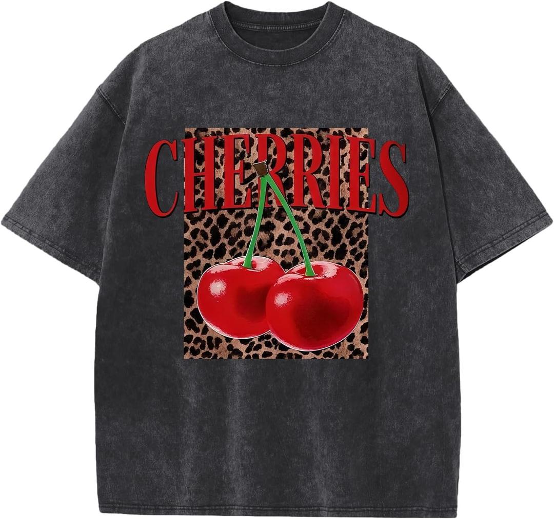 Oversized Cherry Graphic Tees for Women Vintage Leopard Cherry Fruit Shirt Acid Wash Crewneck Streetwear T Shirts Top (Gray, XL)