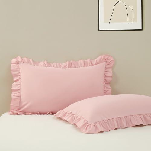King Size Pillow Cases Set of 2, 20x36 Envelope Closure Pillowcase Pink Ruffle Pillow Cases, Soft Breathable and Non Shrinking Microfiber Pillow Covers Scalloped Pillow Cases
