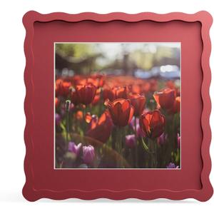 10x10 Picture Frame with Mat for 8x8, Wavy Edge Wooden Real Glass Photo Frame for Tabletop and Wall Hanging, Red, 1 Pack