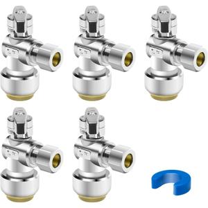 5PCS Angle Stop Valve, 1/2 x 3/8 Inch Compression Angle Water Shut Off Valve, Toilet Faucet Valve, Pushfit 1/4 Turn, No Lead Brass Push to Connect Plumbing Fitting for Copper, CPVC, PE-RT, PEX Pipe