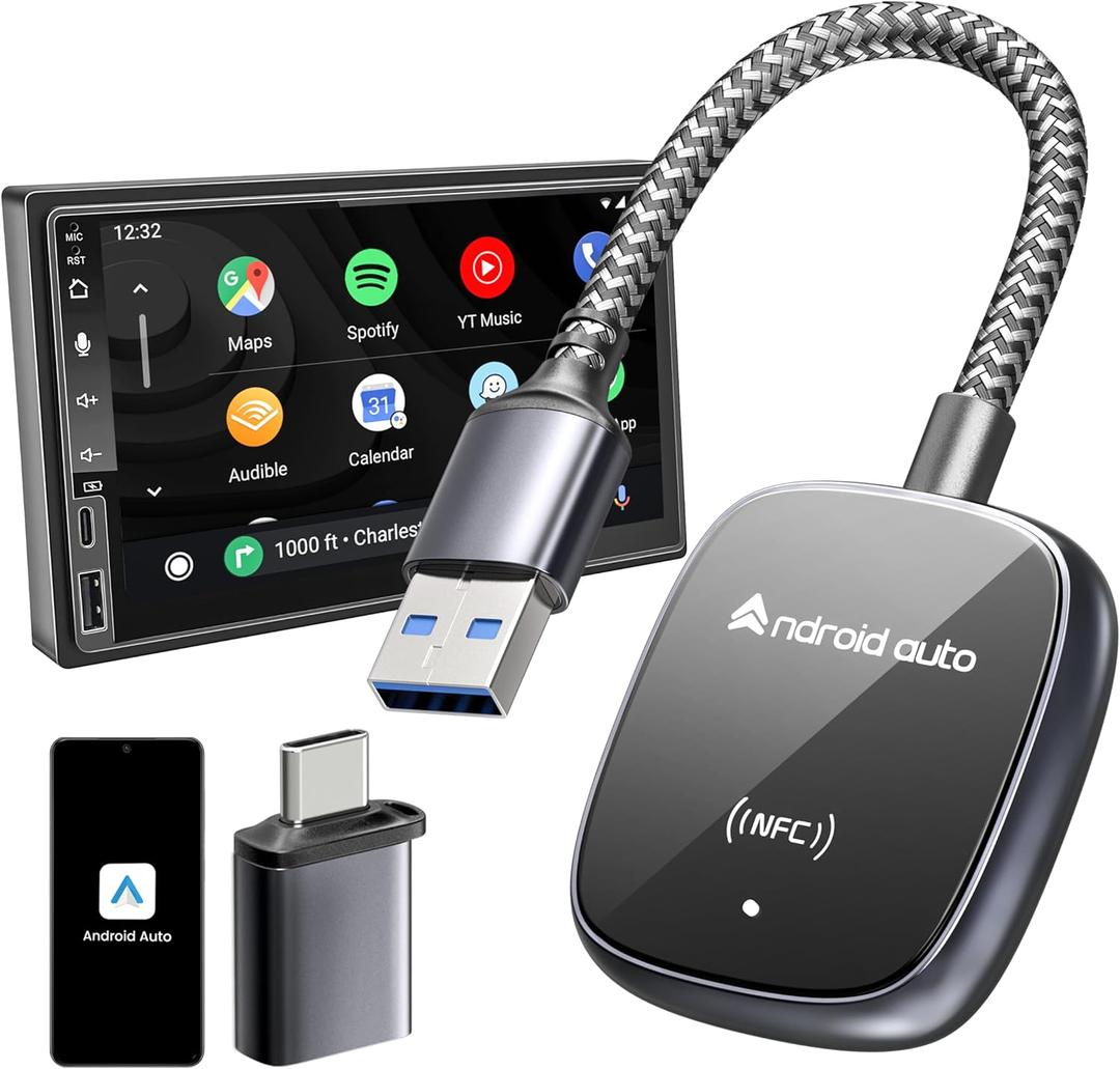 Android Auto Wireless Adapter, [NFC Tech, Ultra-Durable Wire, Latency-Free] 2025 Upgraded USB-A/USB-C Aluminum Wireless Android Auto Car Adapter, Compatible with Cars from 2015
