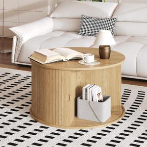 GarveeLife 28" Round Coffee Table with Storage, Mid Century Modern Fluted Accent Table with Sliding Tambour Door for Living Room, Oak