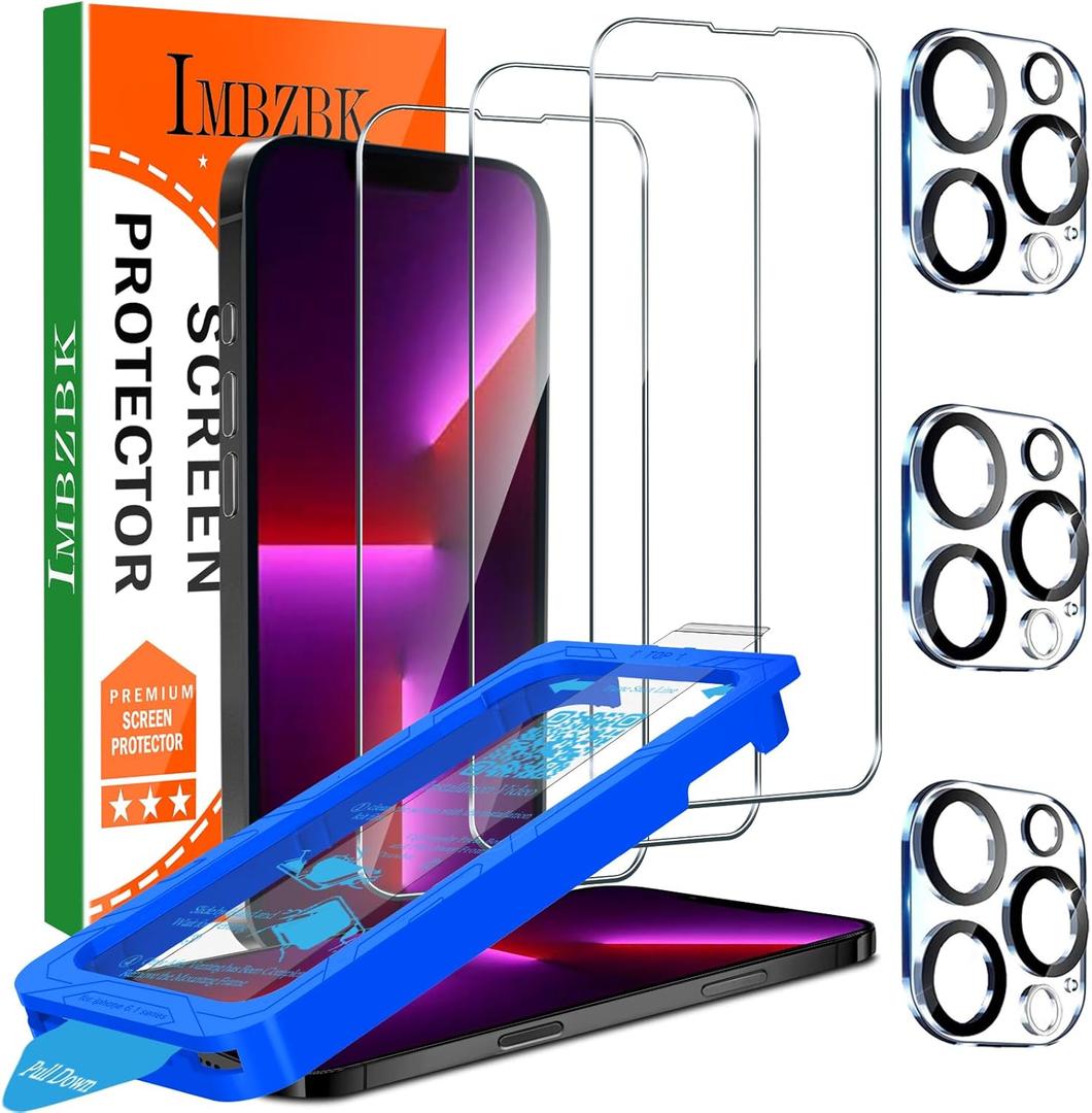 IMBZBK [Auto-Dust Removal] 3 Pack Screen Protector for iPhone 13 Pro [6.1 INCH] Accessories, Case Friendly Film, Military Grade Shatterproof Tempered Glass 3 Camera Lens Protector, Easy Installation