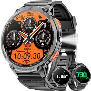 Military Smart Watch for Men 1.85" HD Touch Screen 730mAh Battery Smart Watches with LED Flashlight for Android iOS Bluetooth Call Answer/Dial Calls Fitness Tracker with Heart Rate Blood (Black)