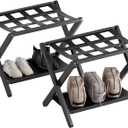 HITNET Luggage Rack for Guest Room, Pack of 2, Suitcase Stand Folding Bedroom, Bamboo Hotel Luggage Holder with Fabric Storage Shelf and Nylon Straps, Black