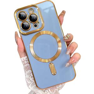 OOK Magnatic Case for iPhone 13 Pro Case [Compatible with MagSafe] Full Camera Lens Protector Gold Electroplate Edge Soft TPU Shockproof Protective Phone Case for Women Men 6.1 Inch - Light Blue