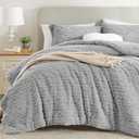 Homelike Moment Fluffy Comforter Set Queen Size, Grey Warm Fleece Comforter Full Size Bed Set for Winter 3 Piece (01-Grey-Geometric)