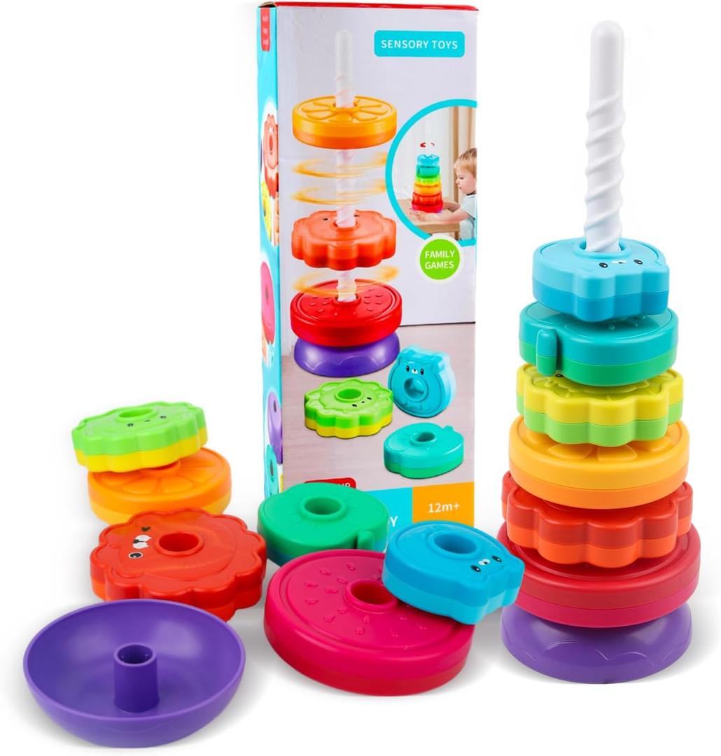 Spinning Stacking Toys for Babies 12+ Month Rainbow Ring Flowers Animals Fruits Theme Stacker ABS Toys for Toddlers 1-3 Montessori Educational Learning Sensory Toy,Stacking Toy for Kids
