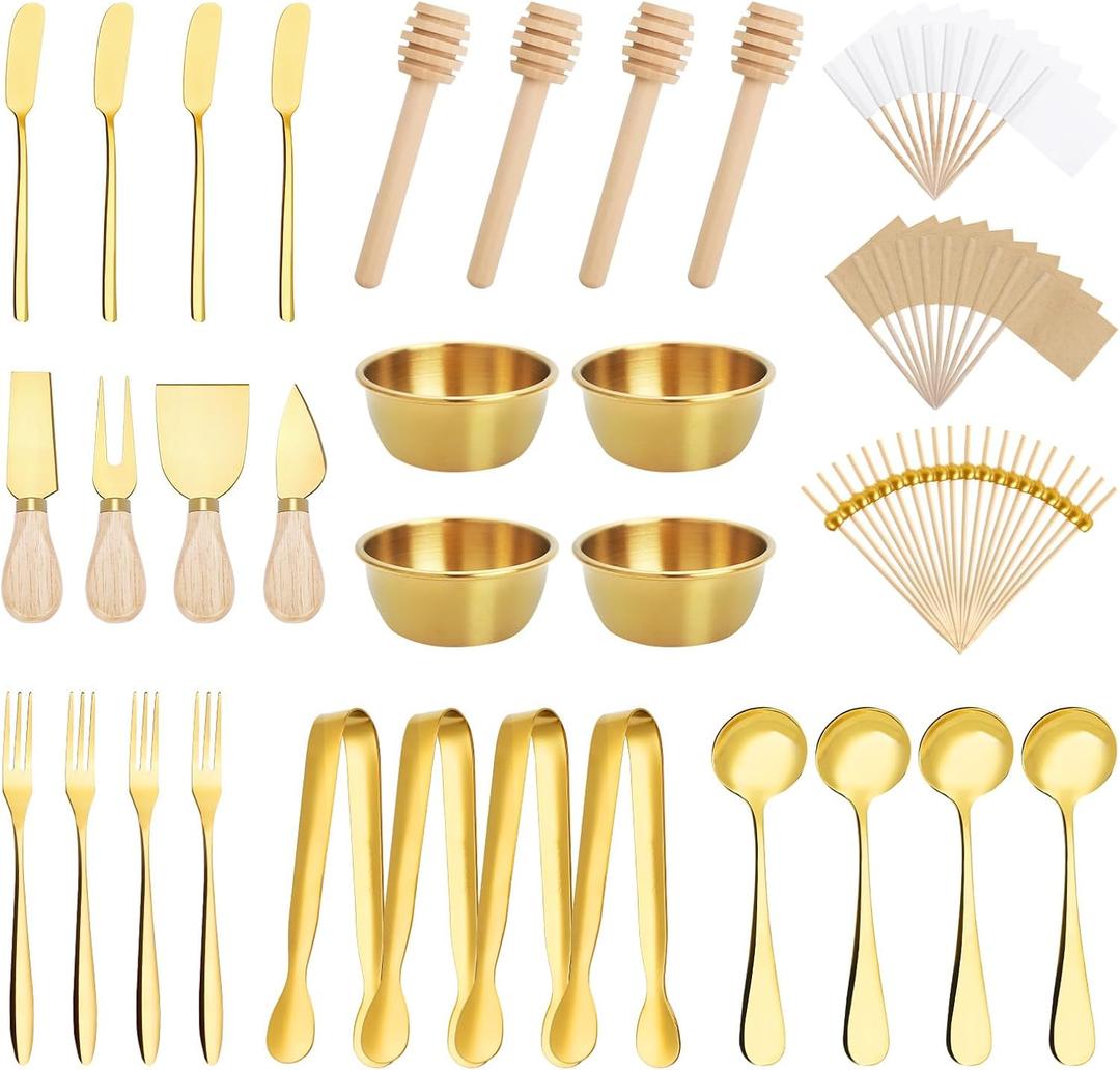 98 Pcs Charcuterie Board Accessories, Stainless Steel Cheese Spreaders with Wooden Handle Forks Spoons Mini Serving Tongs Honey Dippers Sauce Cups Toothpick Flags Charcuterie Utensils, Gold