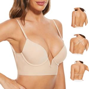 Low Back Bras-Seamless Deep-V Plunge Invisible Backless Bra-Underwire Lightly Lined Halter Multiway Low Cut Bra (34C, Nude)